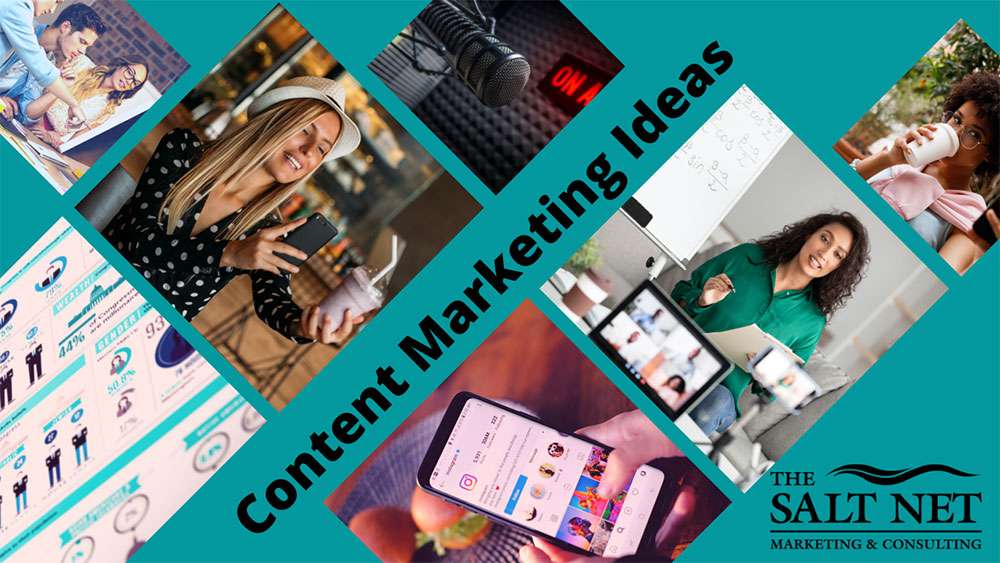 Content marketing ideas collage featuring diverse individuals engaging in digital content creation, podcasting microphone, and visual marketing elements, representing strategies for enhancing audience engagement and business growth.