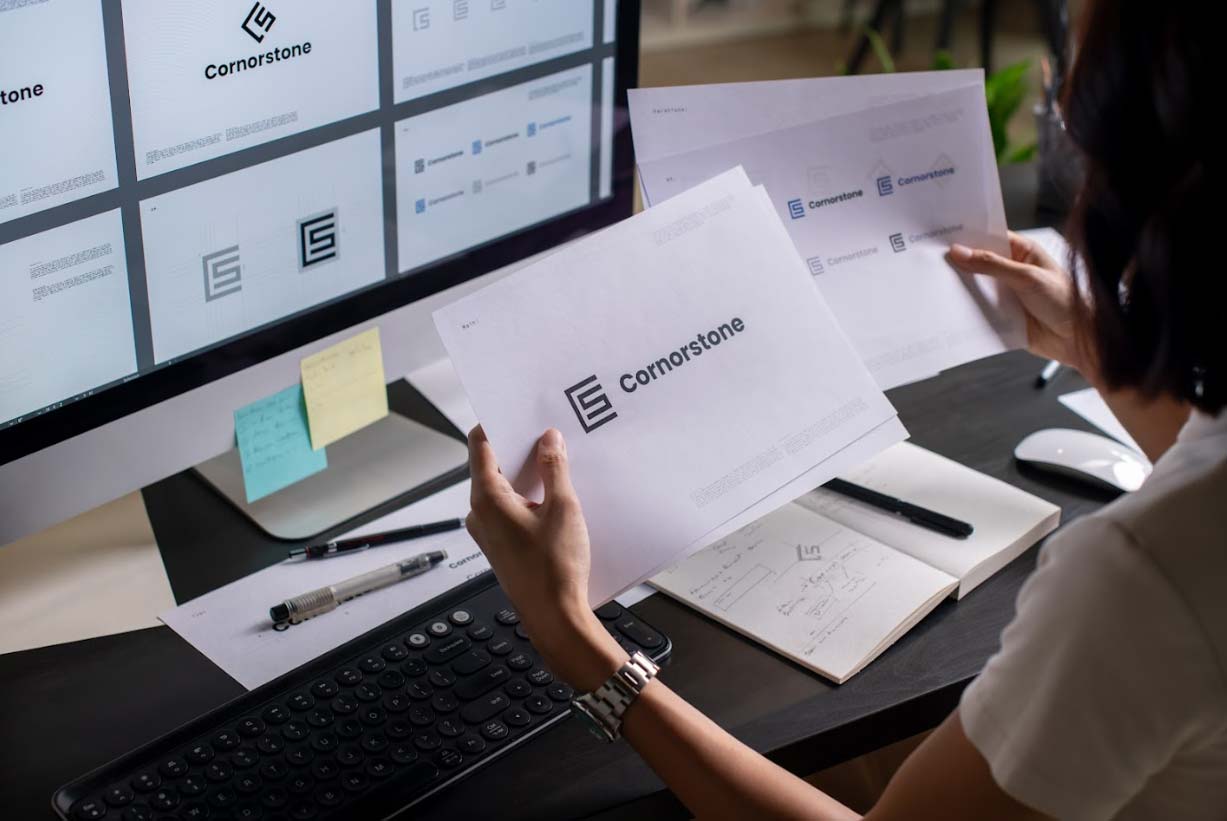 Person reviewing logo design concepts for "Cornorstone" on printed sheets while seated at a desk with a computer displaying logo options, emphasizing the logo design process.